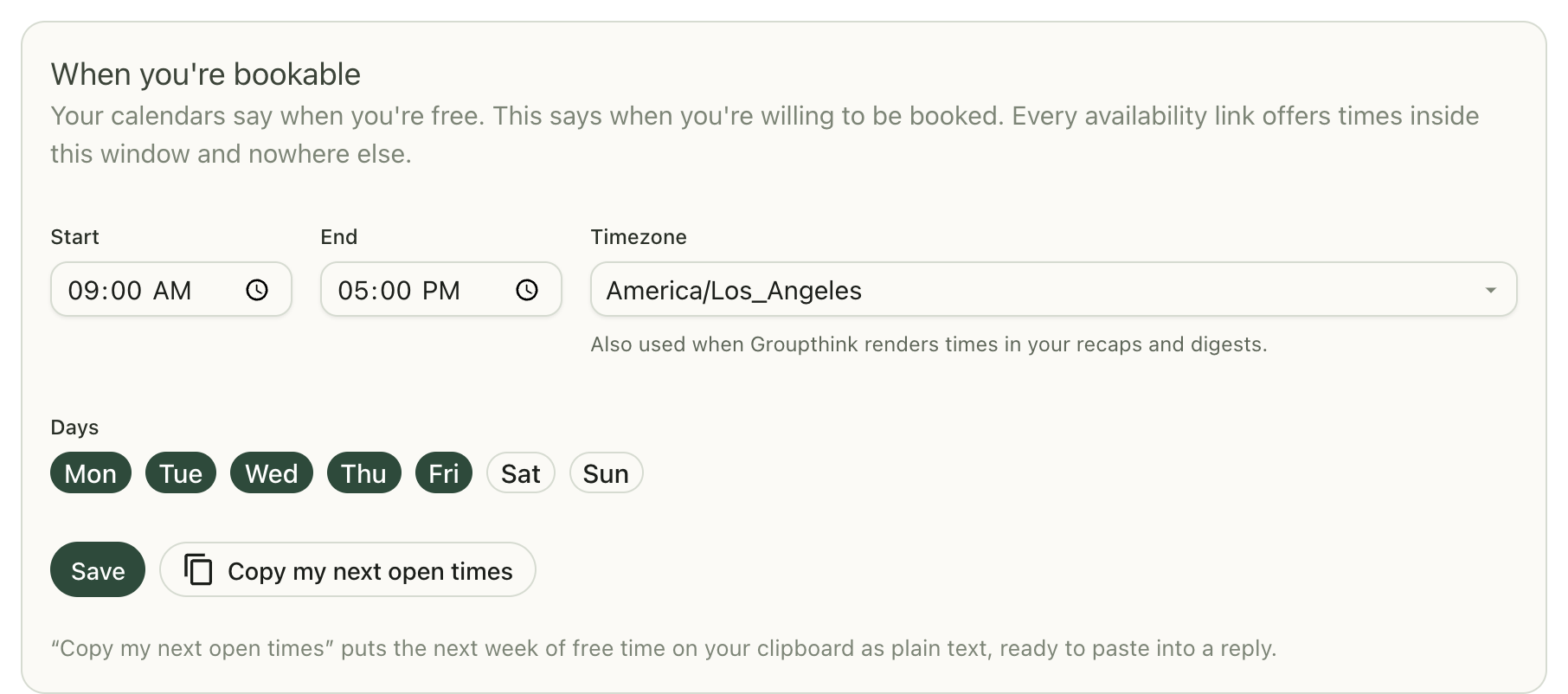 The When you're bookable card: working hours, timezone, day chips, and the Copy my next open times button