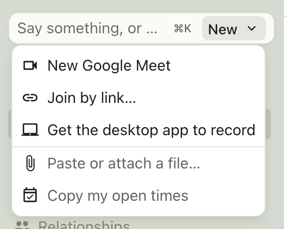 The sidebar's New menu, open, with Copy my open times as its last item