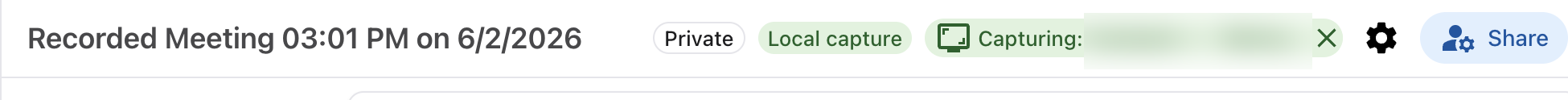 The meeting header showing the active Capturing state for the selected window
