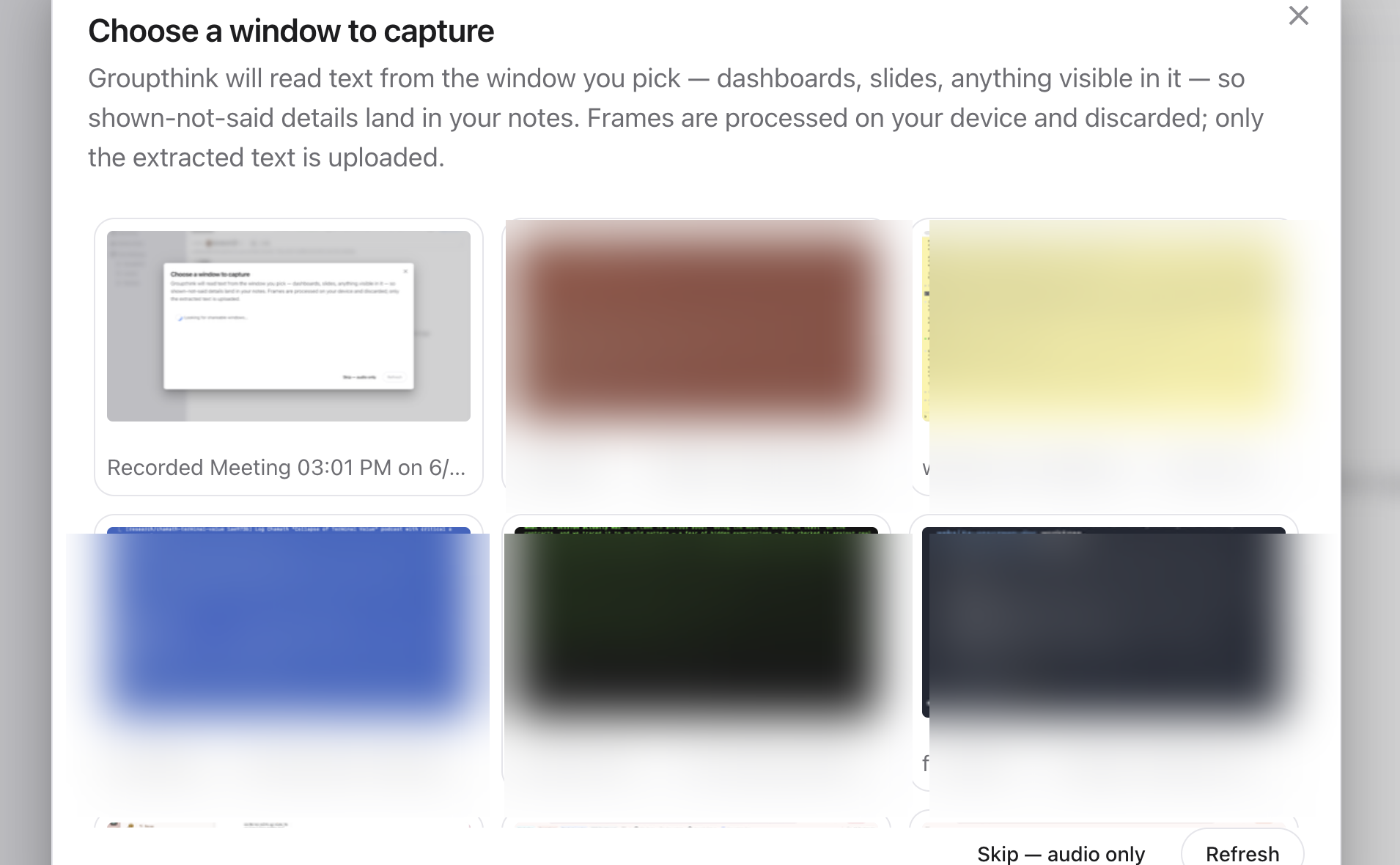 The Choose a window to capture dialog showing a grid of open windows to pick from